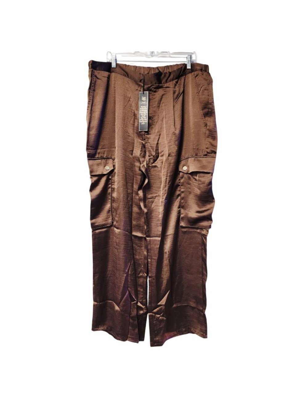 D2 Womens Brown Wide-Leg Satin Pants With Pockets Size 20W Elastic Waist